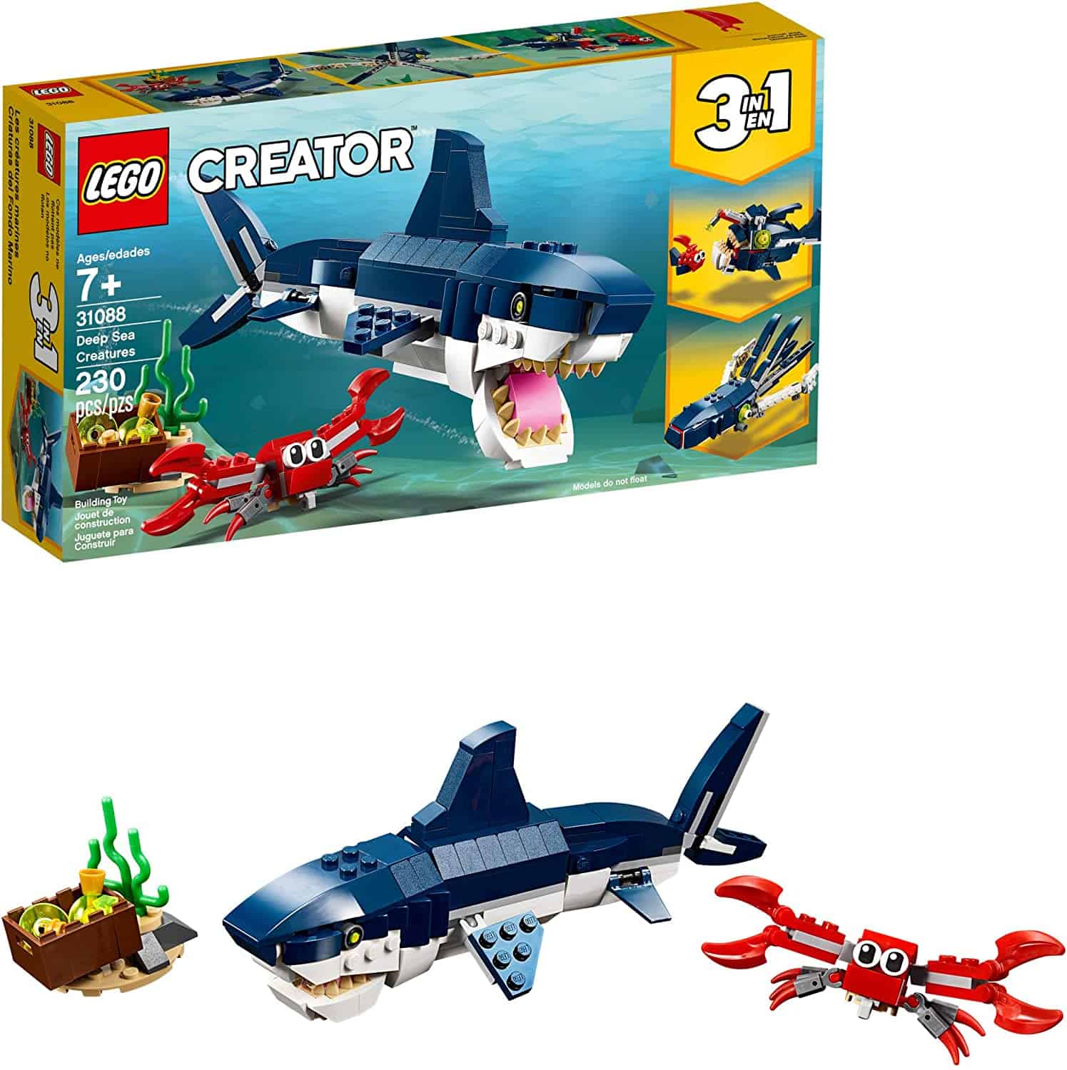 LEGO Creator 3in1 Deep Sea Creatures 31088 Make a Shark, Squid, Angler Fish, and Crab with This Sea Animal Toy Building Kit (230 Pieces)